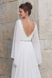 Glinsterende ivoorkleurige chiffon A Line V-hals lange trouwjurk met split