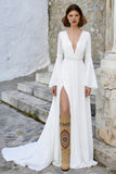 Ivory V Neck A-lijn trouwjurk met lange mouwen en split
