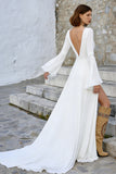 Ivory V Neck A-lijn trouwjurk met lange mouwen en split