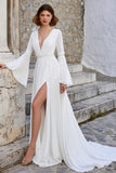 Ivory V Neck A-lijn trouwjurk met lange mouwen en split