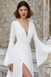 Ivory V Neck A-lijn trouwjurk met lange mouwen en split
