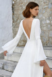 Ivory V Neck A-lijn trouwjurk met lange mouwen en split