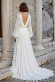 Ivoorkleurige V-hals chiffon lange mouwen trouwjurk met split