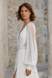 Ivoorkleurige V-hals chiffon lange mouwen trouwjurk met split