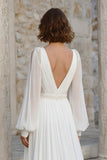 Ivoorkleurige V-hals chiffon lange mouwen trouwjurk met split