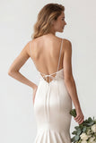 Ivoor satijn Spaghetti Straps Sweep Sleep Zeemeermin Trouwjurk