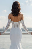 Ivoor Off the Shoulder Zeemeermin Sweep Sleep trouwjurk met kant