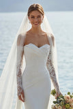 Ivoor Zeemeermin Sweetheart Lange kanten trouwjurk met applicaties