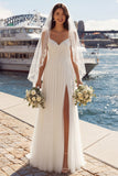 Ivory A Line geappliqueerde geplooide tule lange trouwjurk met split