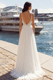Ivory A Line geappliqueerde geplooide tule lange trouwjurk met split