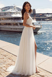 Ivory A Line geappliqueerde geplooide tule lange trouwjurk met split