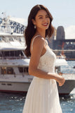 Ivory A Line geappliqueerde geplooide tule lange trouwjurk met split