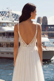 Ivory A Line geappliqueerde geplooide tule lange trouwjurk met split