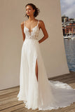 A Line Ivory Spaghetti Straps Lace Sweep Sleep trouwjurk