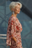 Stoffy Rose Bloemen Rimpelende Schede Moeder van de Bruid Jurk met lange mouwen