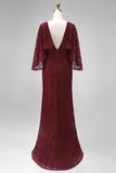 Kanten bordeauxrode schede Moeder van de Bruid jurk met lange mouwen