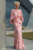 Stoffy Rose Bloemen Chiffon Moeder van de Bruid Jurk met uitlopende mouwen