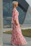 Stoffy Rose Bloemen Chiffon Moeder van de Bruid Jurk met uitlopende mouwen