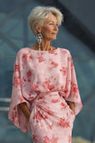 Stoffy Rose Bloemen Chiffon Moeder van de Bruid Jurk met uitlopende mouwen