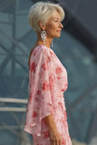 Stoffy Rose Bloemen Chiffon Moeder van de Bruid Jurk met uitlopende mouwen