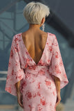 Stoffy Rose Bloemen Chiffon Moeder van de Bruid Jurk met uitlopende mouwen