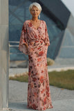 Dusty Rose Bloemen V-hals schede Mother of the Bride jurk met uitlopende mouwen
