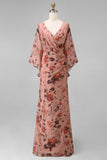 Dusty Rose Bloemen V-hals schede Mother of the Bride jurk met uitlopende mouwen