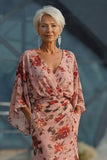 Dusty Rose Bloemen V-hals schede Mother of the Bride jurk met uitlopende mouwen
