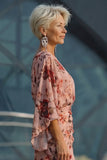 Dusty Rose Bloemen V-hals schede Mother of the Bride jurk met uitlopende mouwen