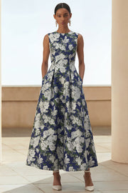 Marineblauwe bloemenprint A-lijn midi-jurk met zakken