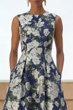 Marineblauwe bloemenprint A-lijn midi-jurk met zakken