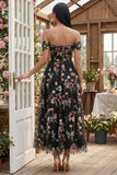 Zwart off-the-shoulder bloemenkorset met appliquatie van een lijn tule midi-jurk