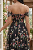 Zwart off-the-shoulder bloemenkorset met appliquatie van een lijn tule midi-jurk