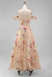 Zwart off-the-shoulder bloemenkorset met appliquatie van een lijn tule midi-jurk