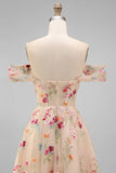 Zwart off-the-shoulder bloemenkorset met appliquatie van een lijn tule midi-jurk
