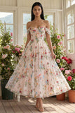 Zwart off-the-shoulder bloemenkorset met appliquatie van een lijn tule midi-jurk