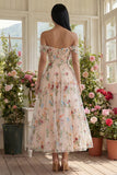 Zwart off-the-shoulder bloemenkorset met appliquatie van een lijn tule midi-jurk