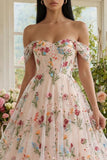 Zwart off-the-shoulder bloemenkorset met appliquatie van een lijn tule midi-jurk