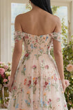 Zwart off-the-shoulder bloemenkorset met appliquatie van een lijn tule midi-jurk