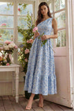 Blauwe Bloem Jacquard Eén Schouder A Line Midi jurk met ruches