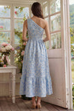 Blauwe Bloem Jacquard Eén Schouder A Line Midi jurk met ruches