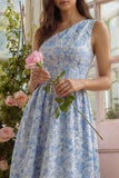 Blauwe Bloem Jacquard Eén Schouder A Line Midi jurk met ruches