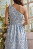 Blauwe Bloem Jacquard Eén Schouder A Line Midi jurk met ruches