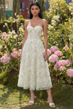 Lichtgroene geappliqueerde korset strapless tule A-lijn midijurk