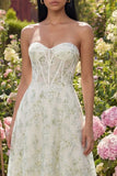 Lichtgroene geappliqueerde korset strapless tule A-lijn midijurk
