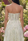 Lichtgroene geappliqueerde korset strapless tule A-lijn midijurk