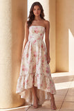 Witte roze bloemenprint strapless A-lijn midi jurk met ruches
