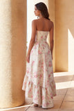 Witte roze bloemenprint strapless A-lijn midi jurk met ruches
