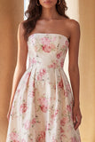 Witte roze bloemenprint strapless A-lijn midi jurk met ruches