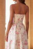 Witte roze bloemenprint strapless A-lijn midi jurk met ruches